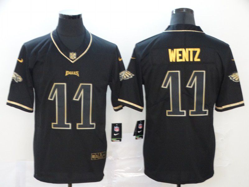 Men Philadelphia Eagles 11 Wentz Black Retro gold character Nike NFL Jerseys